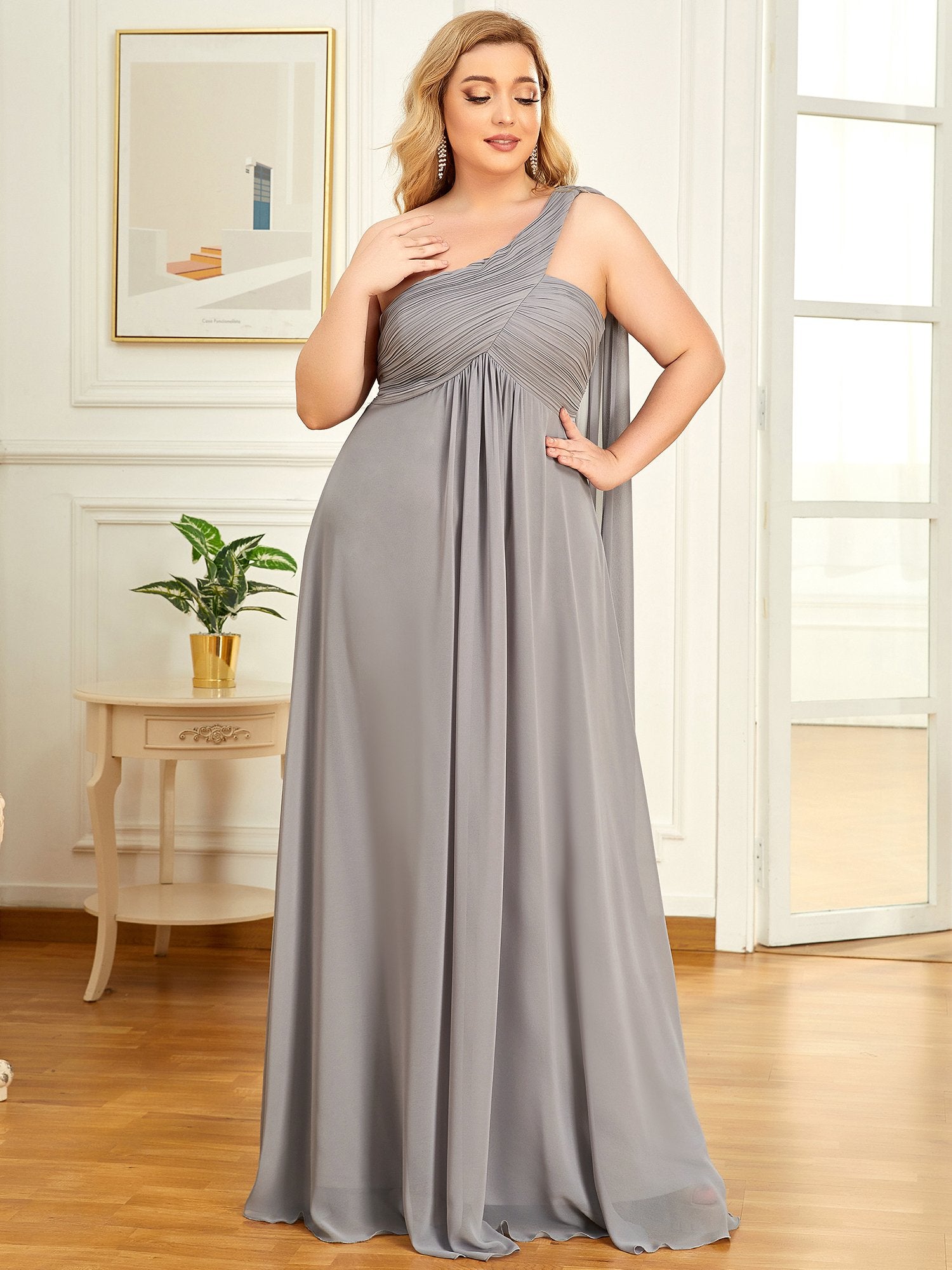 Color=Grey | One Shoulder Chiffon Ruffles Plus Size Long Evening Dresses-Grey 3