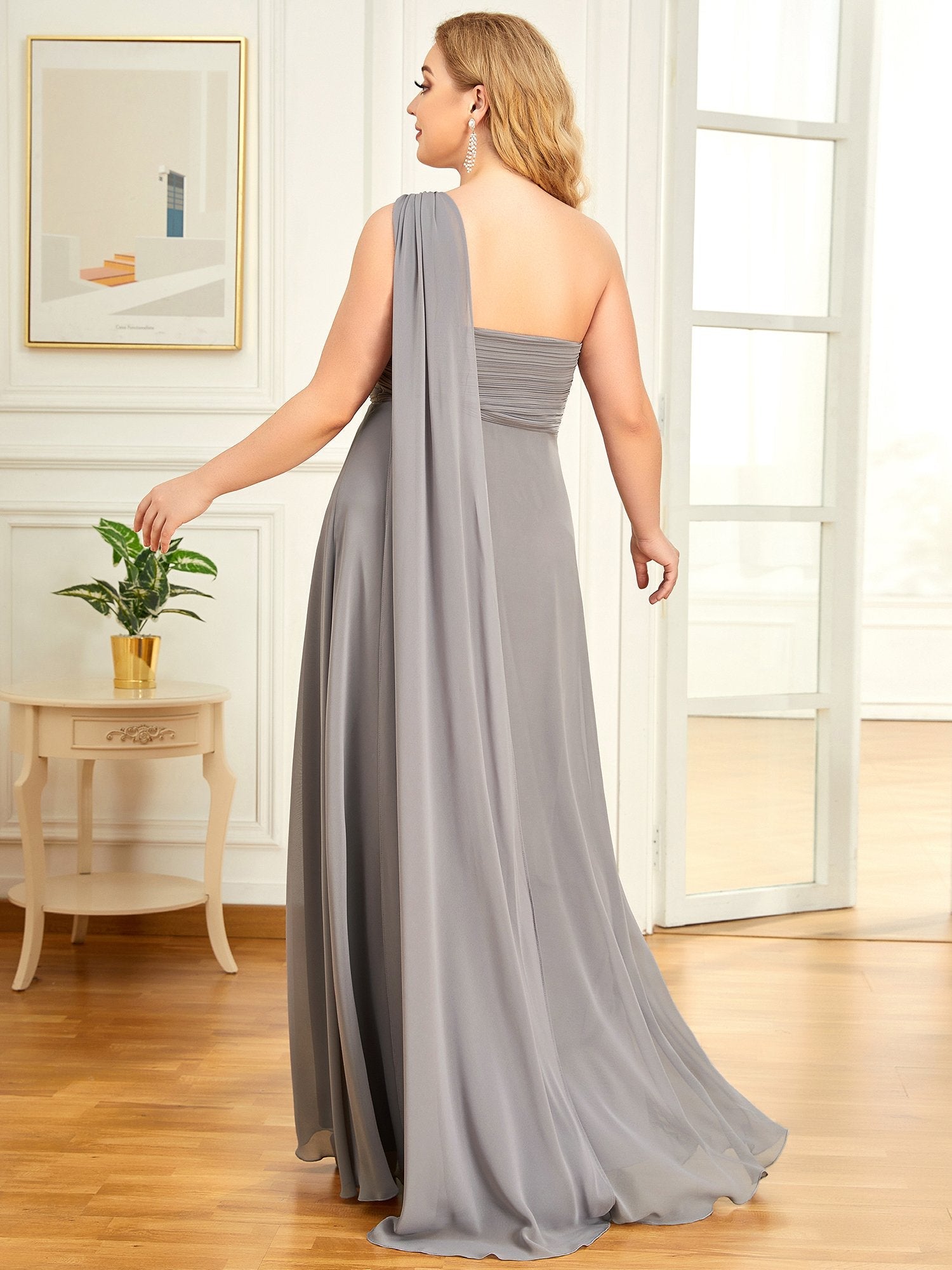 Color=Grey | One Shoulder Chiffon Ruffles Plus Size Long Evening Dresses-Grey 4