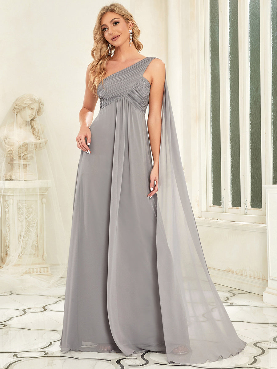 Color=Grey | One Shoulder Chiffon Ruffles Long Evening Dresses for Wholesale-Grey 3