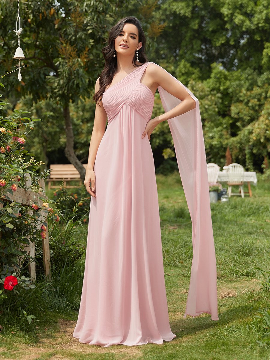 Color=Pink | One Shoulder Chiffon Ruffles Long Evening Dresses for Wholesale-Pink 1