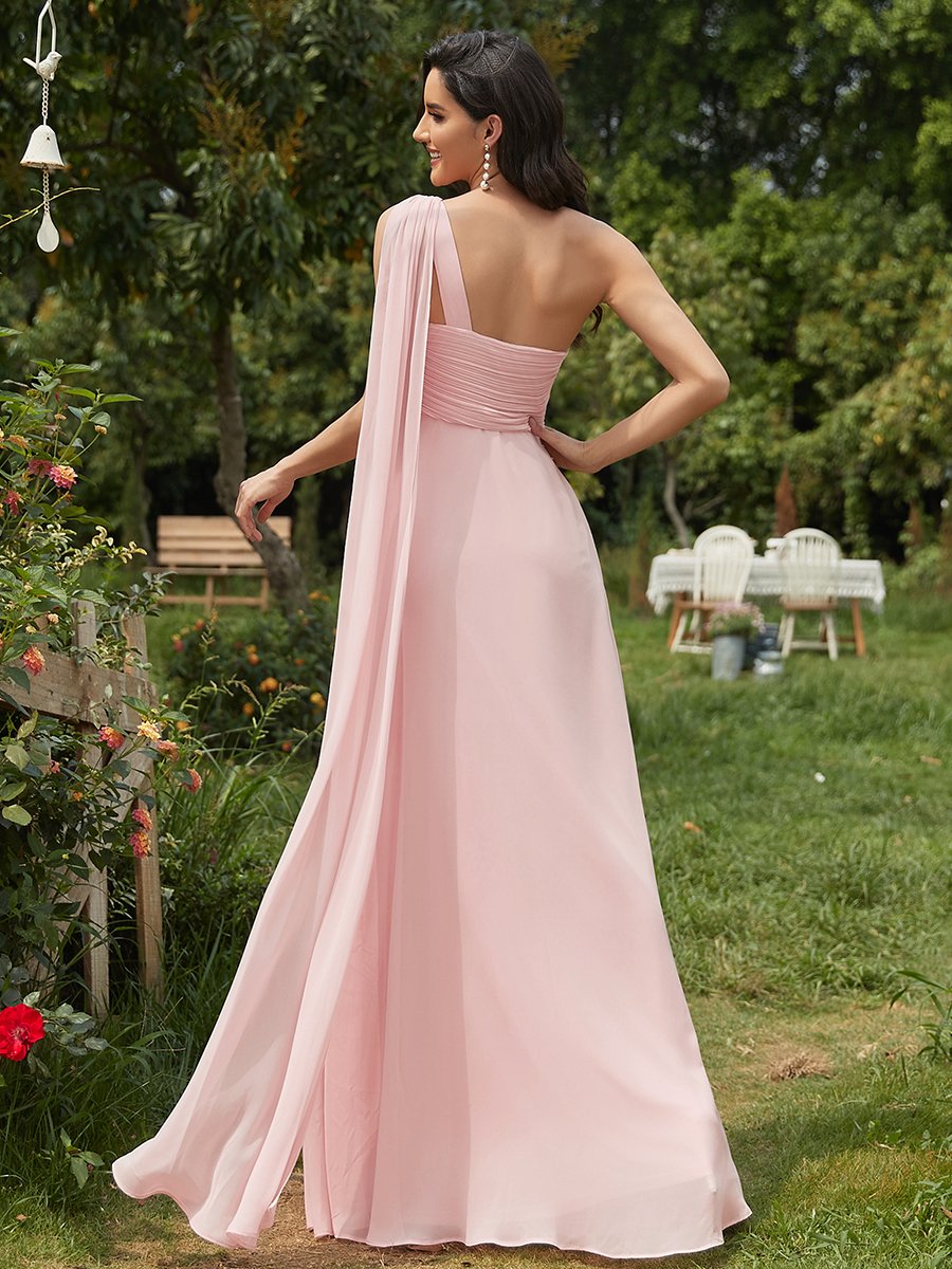 Color=Pink | One Shoulder Chiffon Ruffles Long Evening Dresses for Wholesale-Pink 2