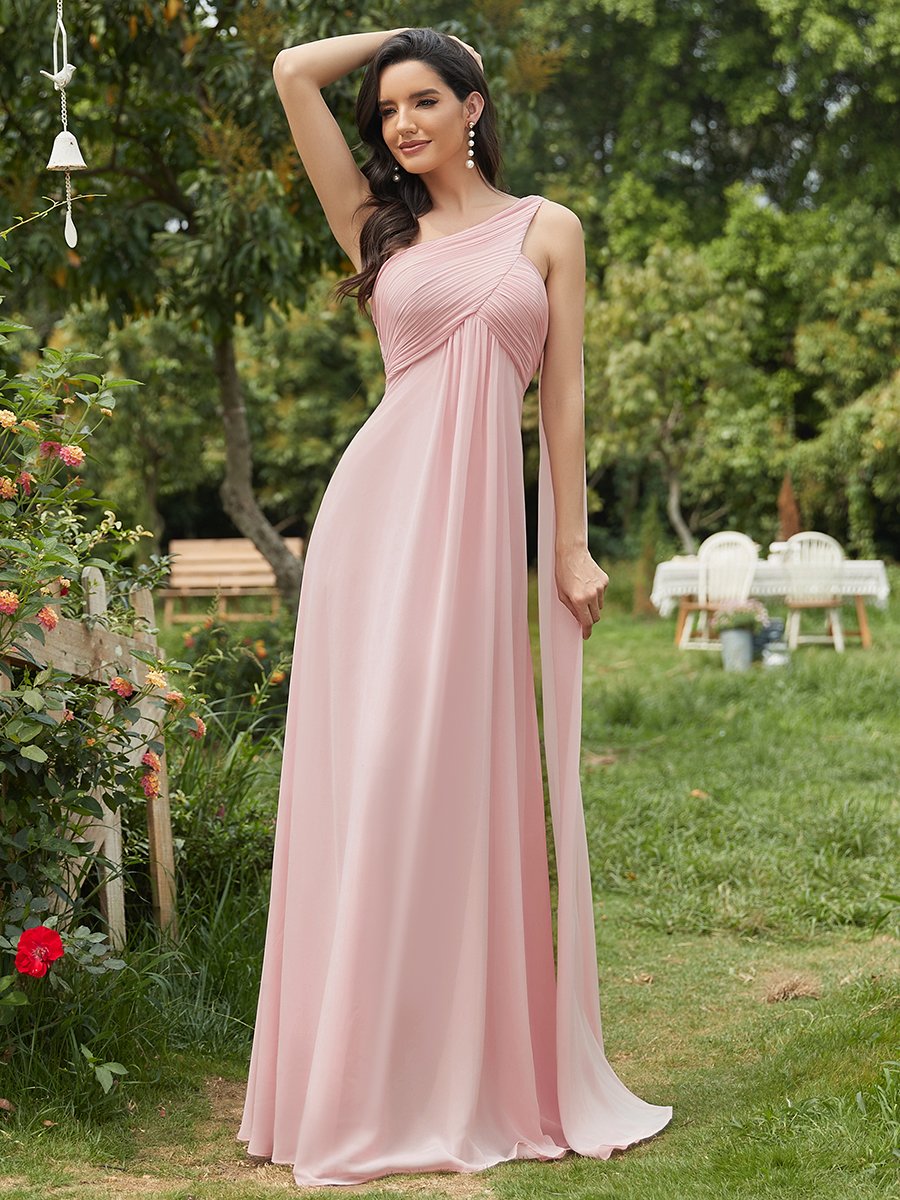 Color=Pink | One Shoulder Chiffon Ruffles Long Evening Dresses for Wholesale-Pink 3
