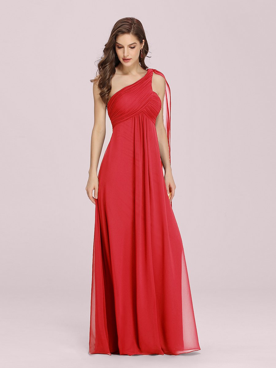 Color=Red | One Shoulder Chiffon Ruffles Long Evening Dresses for Wholesale-Red 3