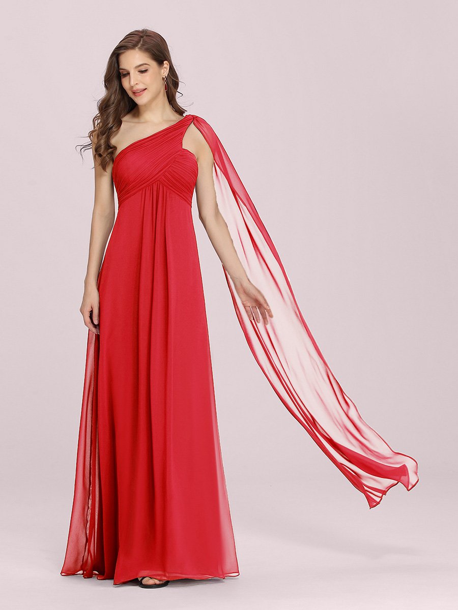 Color=Red | One Shoulder Chiffon Ruffles Long Evening Dresses for Wholesale-Red 4