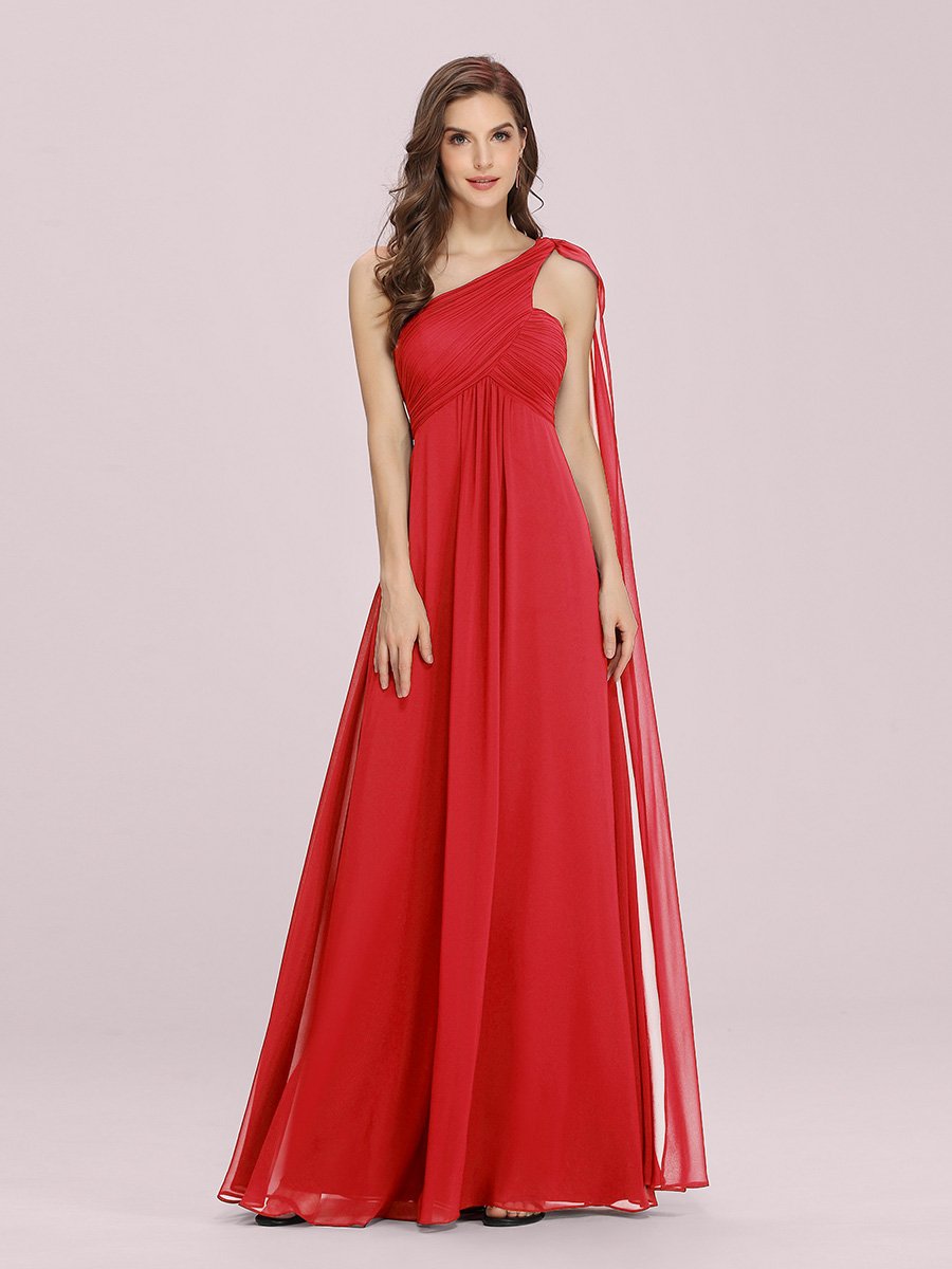 Color=Red | One Shoulder Chiffon Ruffles Long Evening Dresses for Wholesale-Red 1