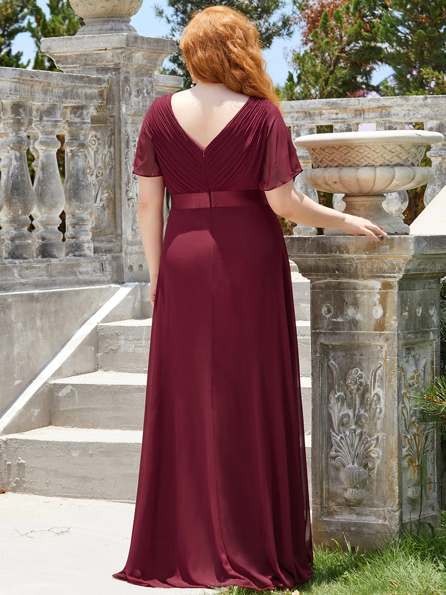 Double V-Neck Ruffles Padded Plus Size Wholesale Evening Dresses #Color_Burgundy