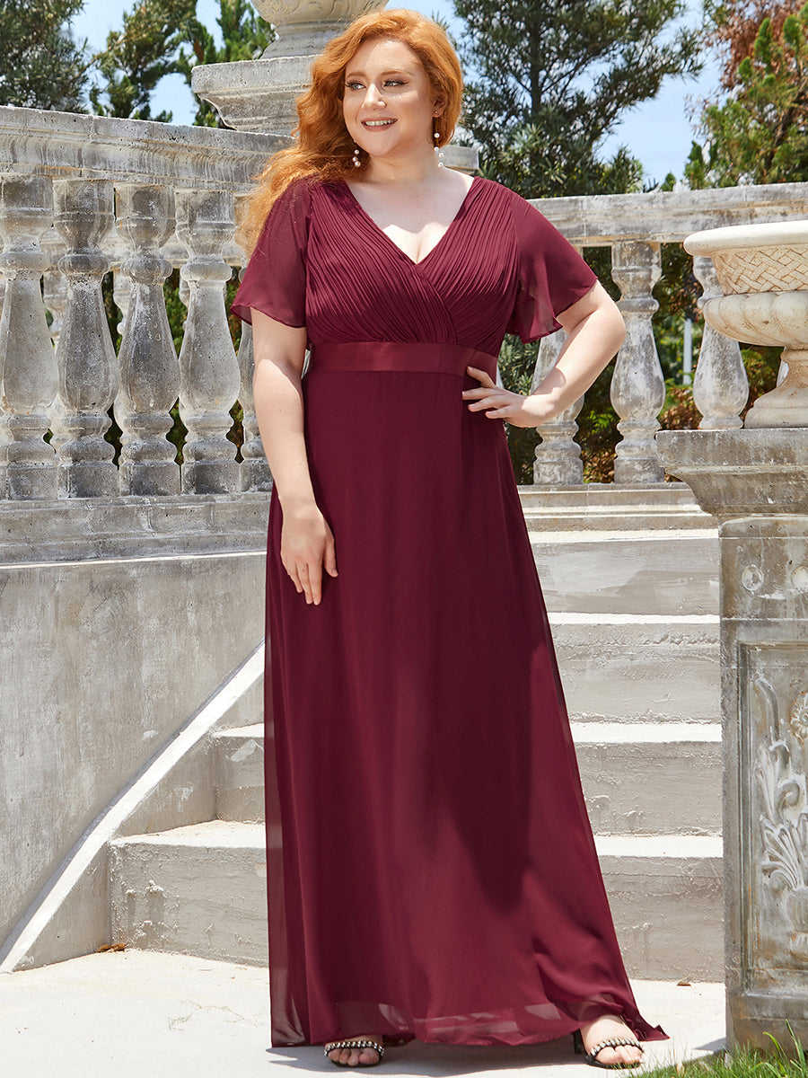 Double V-Neck Ruffles Padded Plus Size Wholesale Evening Dresses #Color_Burgundy