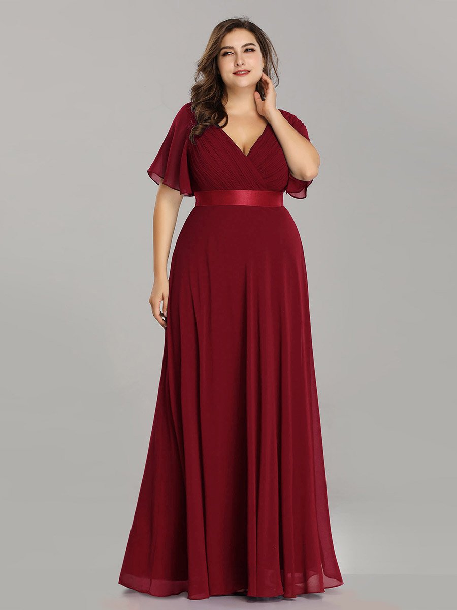 Color=Burgundy | Glamorous Double V-Neck Ruffles Padded Wholesale Evening Dresses-Burgundy 6