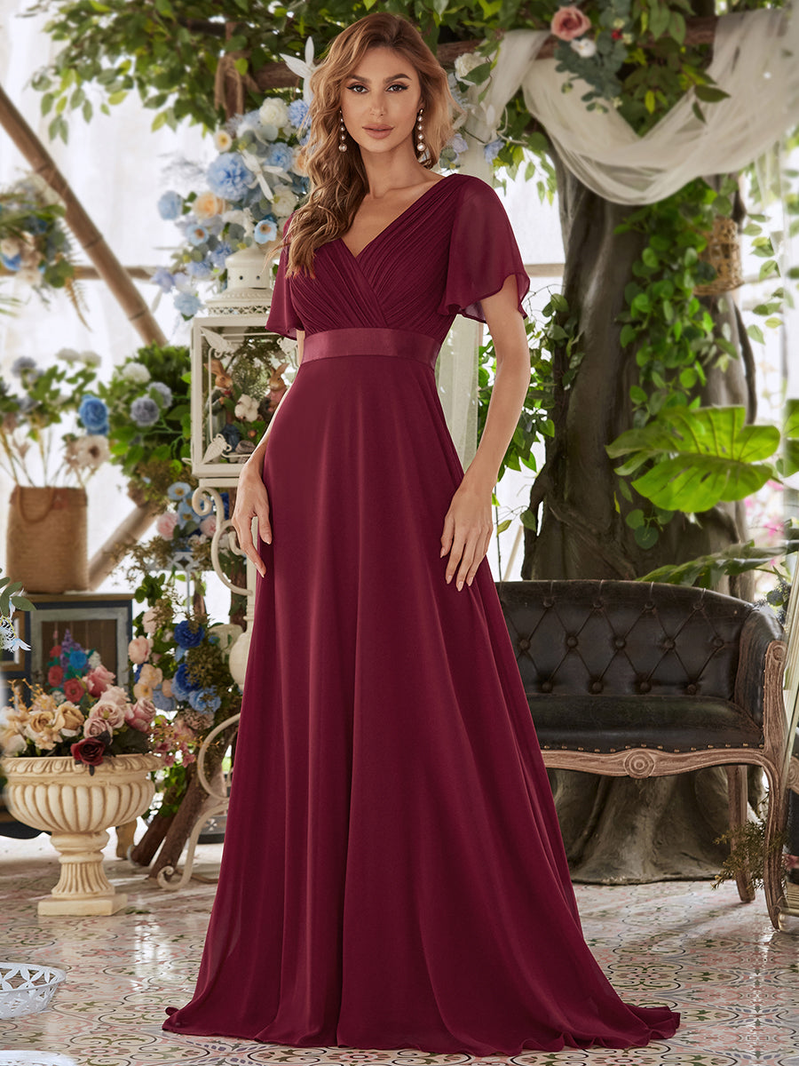 Color=Burgundy | Glamorous Double V-Neck Ruffles Padded Wholesale Evening Dresses-Burgundy 1
