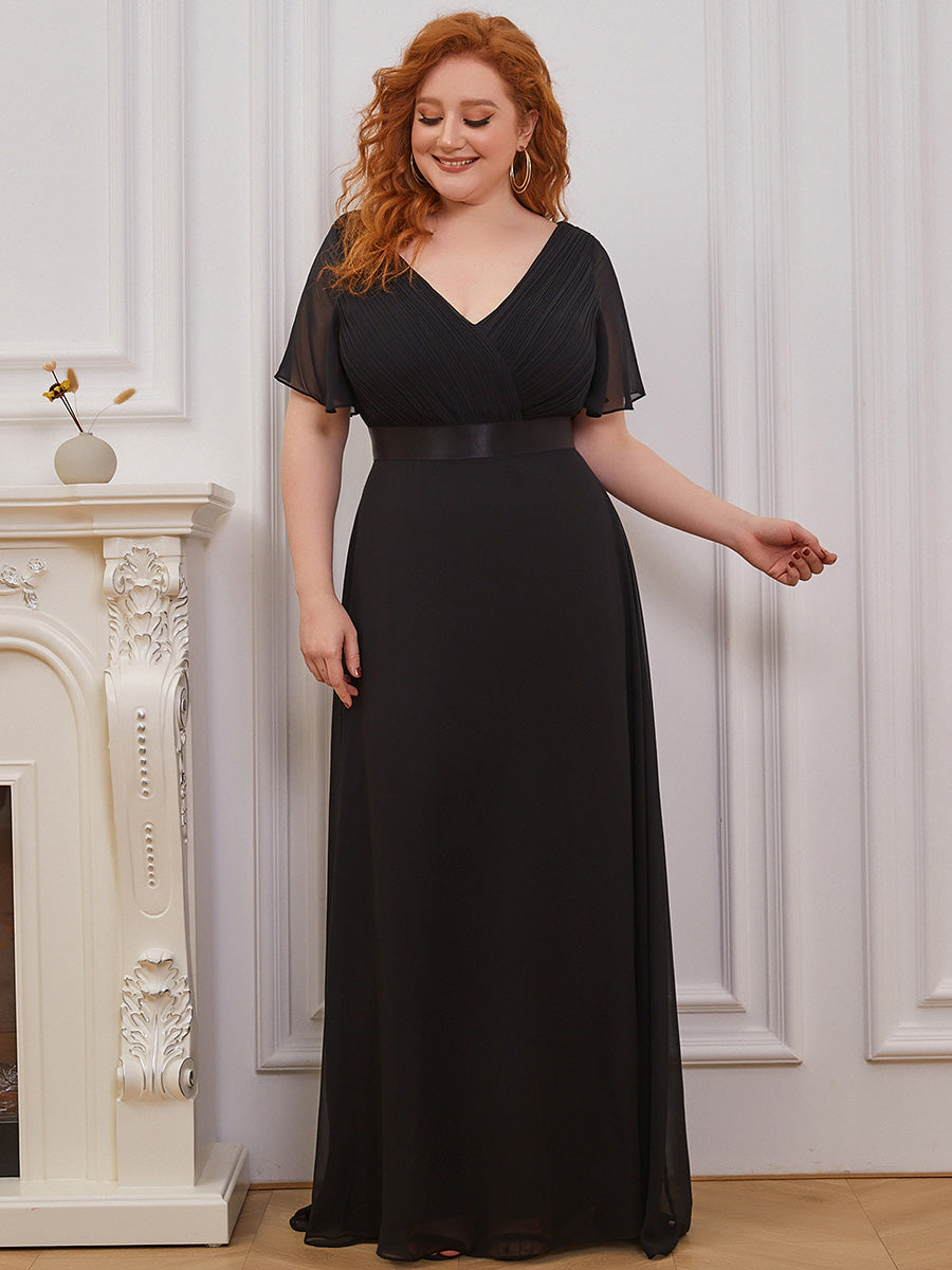 Double V-Neck Ruffles Padded Plus Size Wholesale Evening Dresses #Color_Black