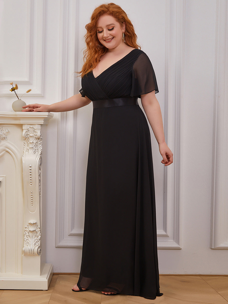 Double V-Neck Ruffles Padded Plus Size Wholesale Evening Dresses #Color_Black