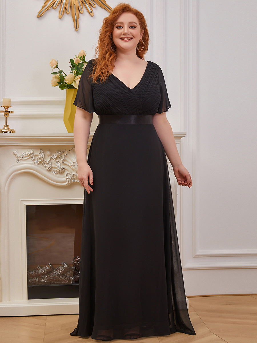 Double V-Neck Ruffles Padded Plus Size Wholesale Evening Dresses #Color_Black