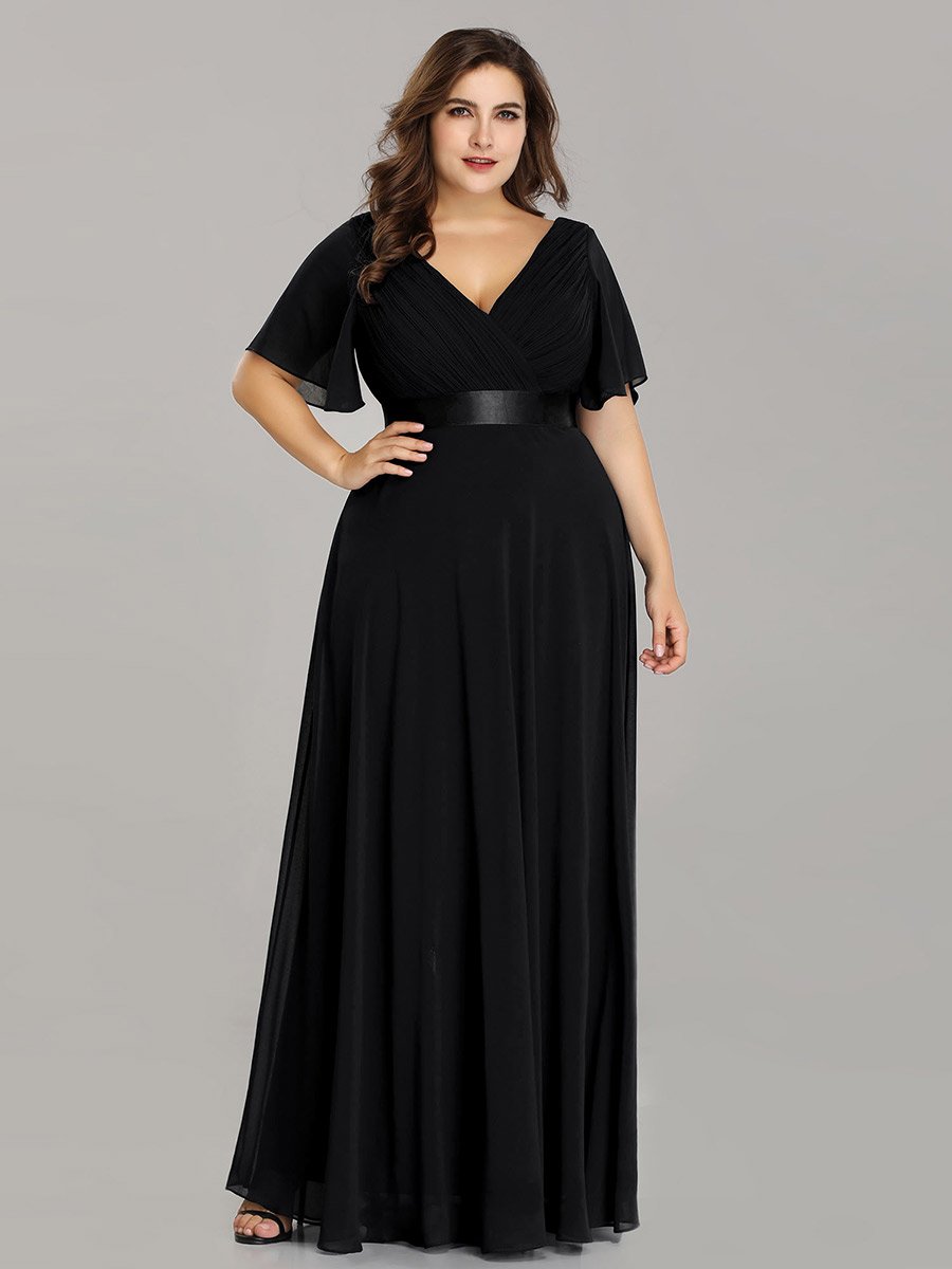 Color=Black | Glamorous Double V-Neck Ruffles Padded Wholesale Evening Dresses-Black 7