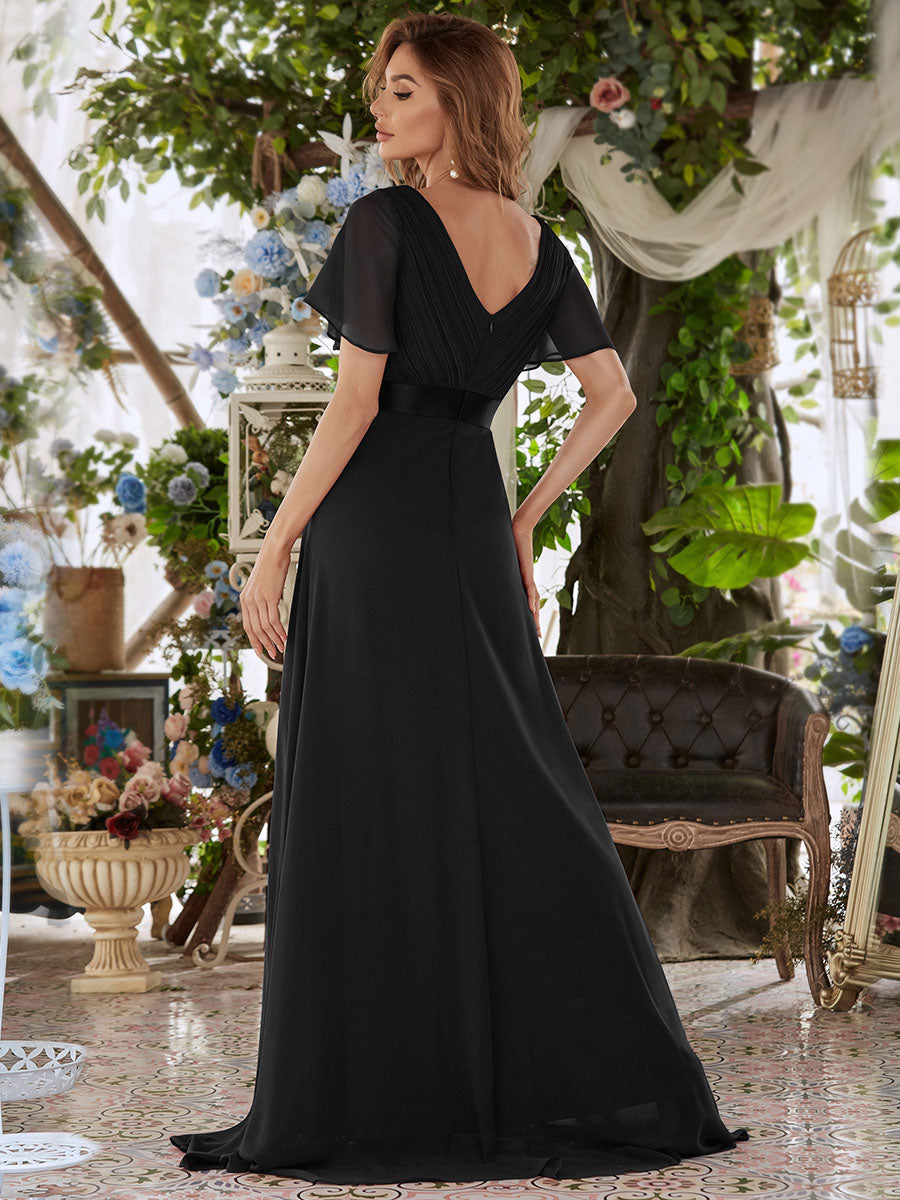Color=Black | Glamorous Double V-Neck Ruffles Padded Wholesale Evening Dresses-Black 2