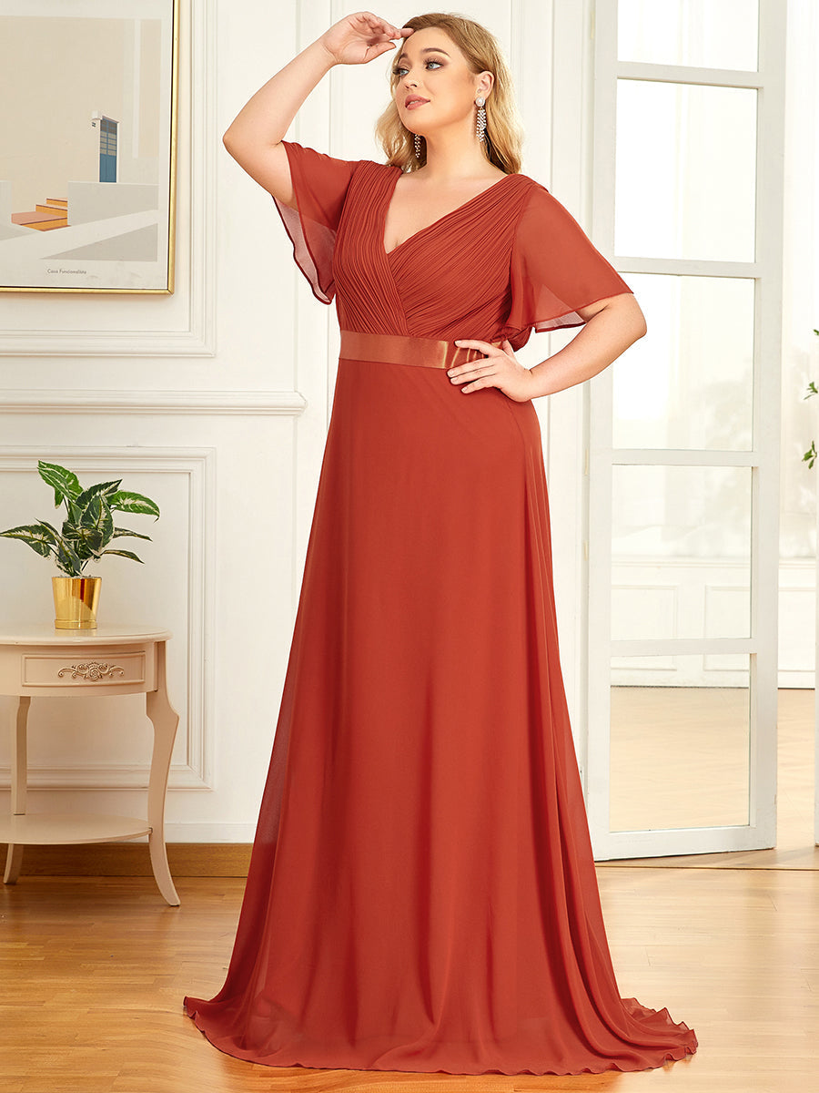 Glamorous Double V-Neck Ruffles Padded Plus Size Evening Dresses #Color_Burnt orange