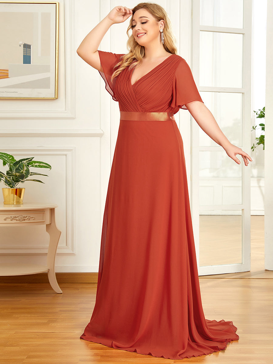 Glamorous Double V-Neck Ruffles Padded Plus Size Evening Dresses #Color_Burnt orange