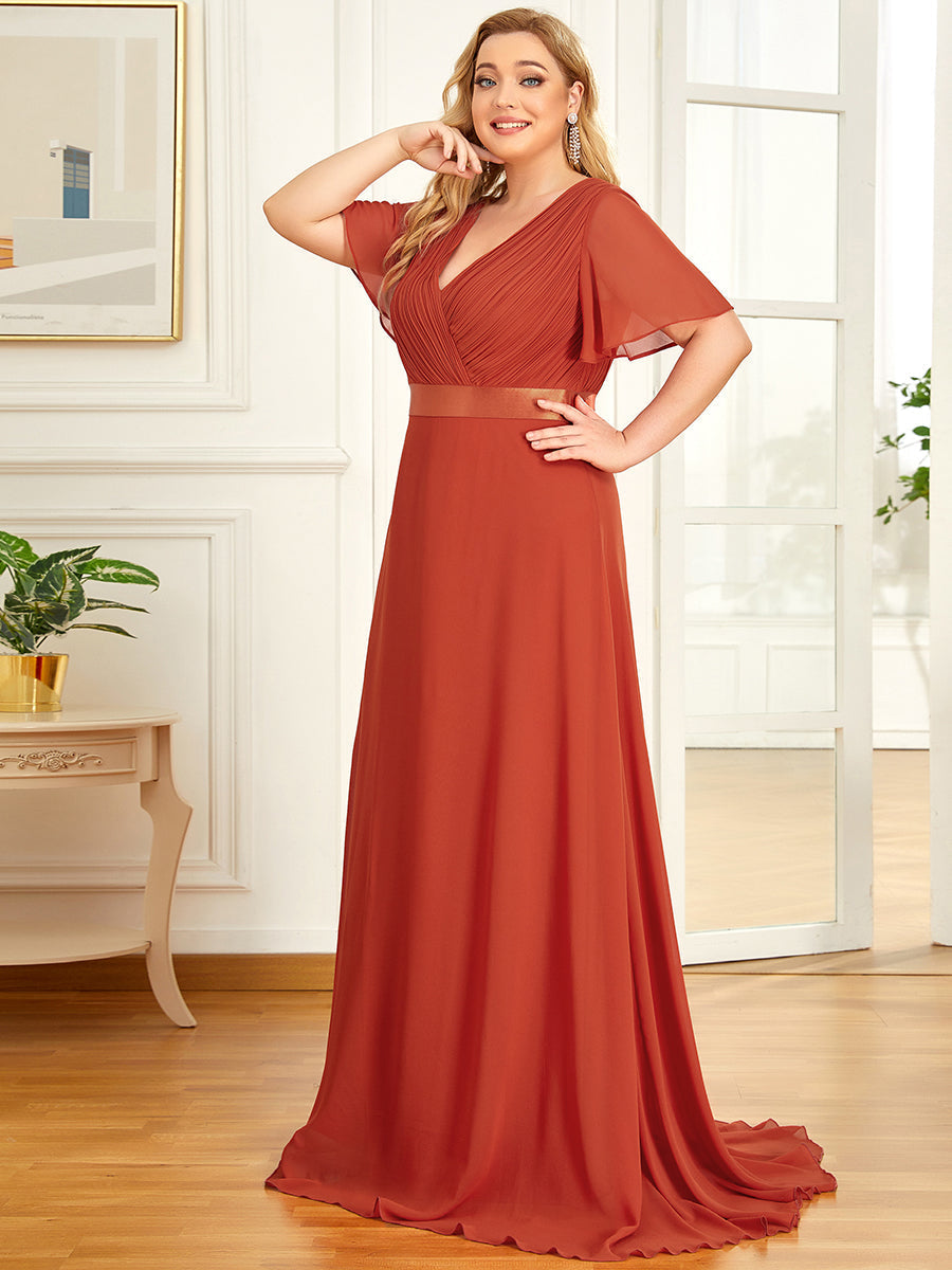 Glamorous Double V-Neck Ruffles Padded Plus Size Evening Dresses #Color_Burnt orange