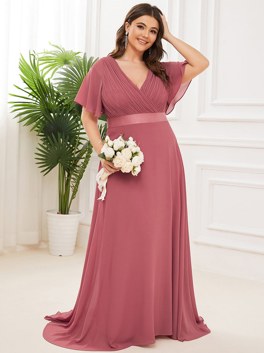 Glamorous Double V-Neck Ruffles Padded Plus Size Evening Dresses #Color_Cameo Brown