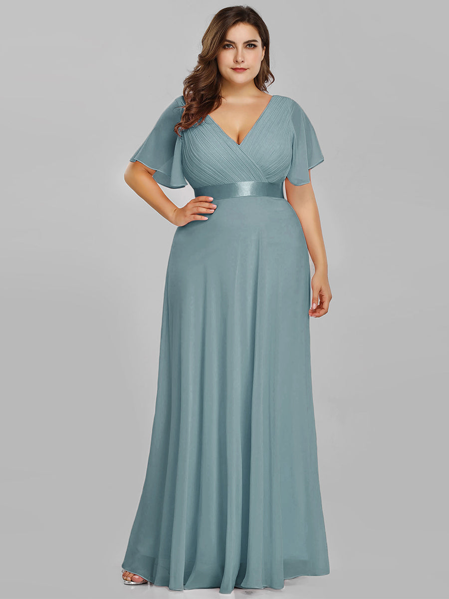 Double V-Neck Ruffles Padded Plus Size Wholesale Evening Dresses #Color_Dusty Blue