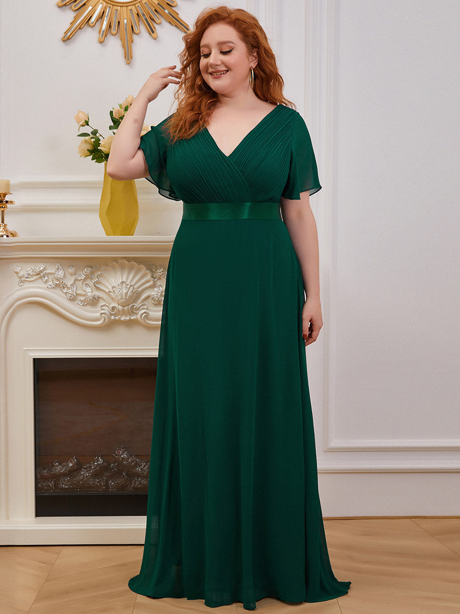 Double V-Neck Ruffles Padded Plus Size Wholesale Evening Dresses #Color_Dark Green