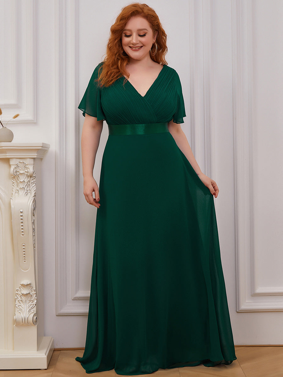 Double V-Neck Ruffles Padded Plus Size Wholesale Evening Dresses #Color_Dark Green