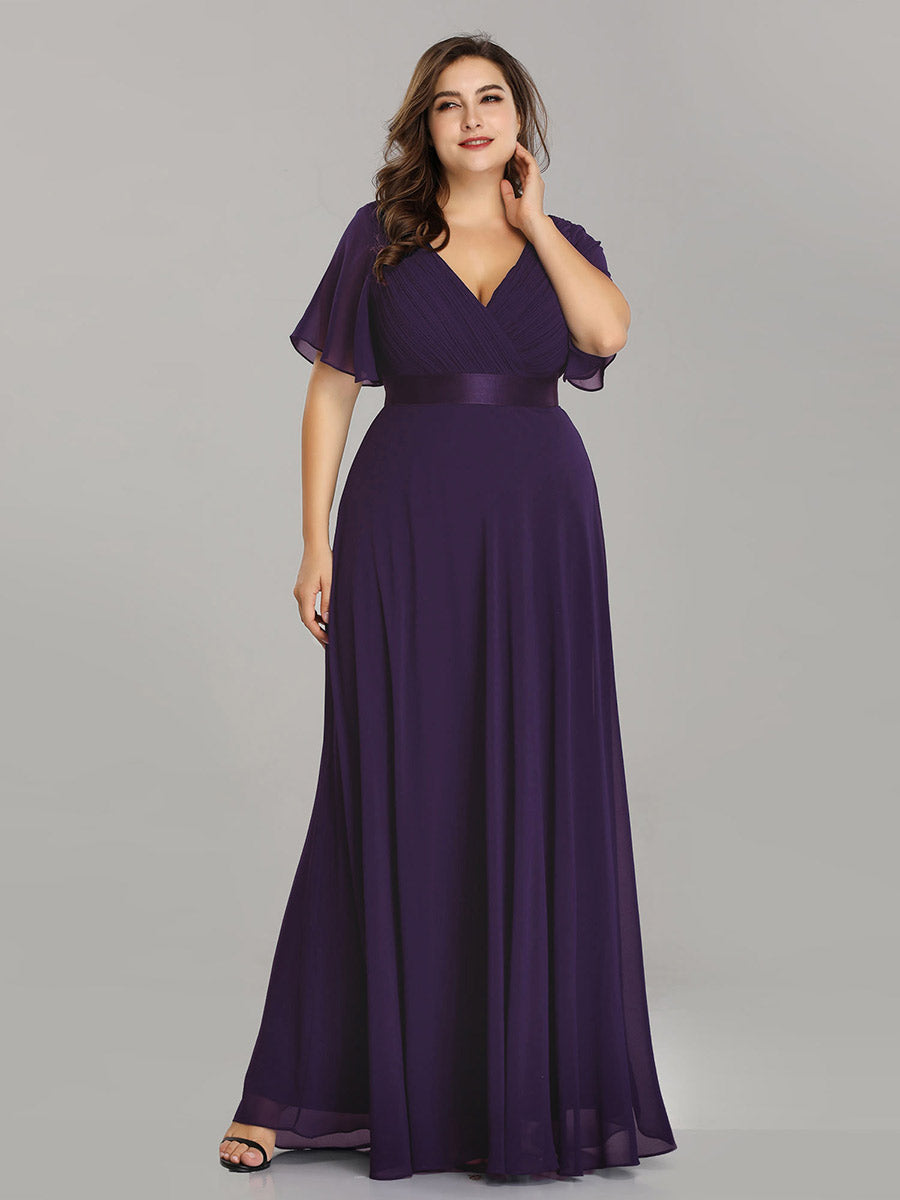 Double V-Neck Ruffles Padded Plus Size Wholesale Evening Dresses #Color_Dark Purple