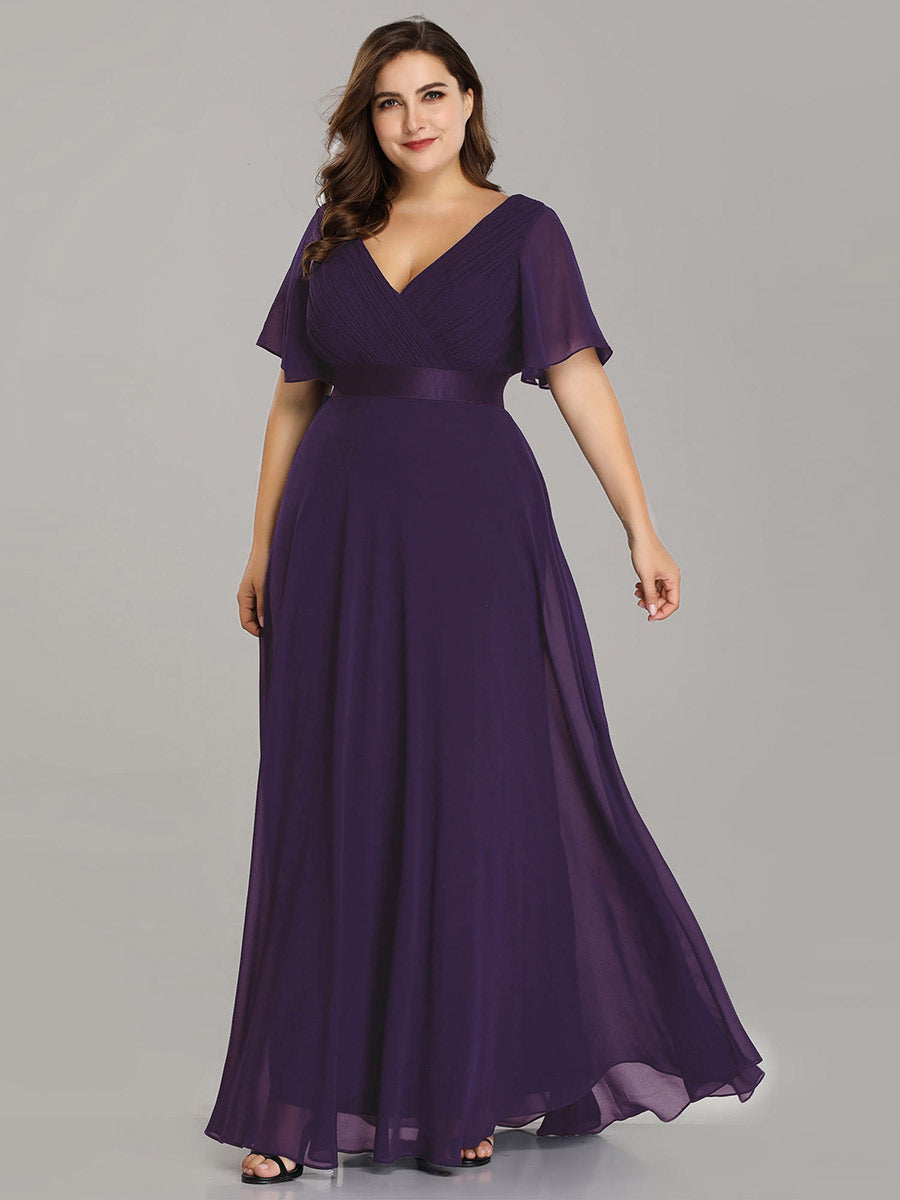 Double V-Neck Ruffles Padded Plus Size Wholesale Evening Dresses #Color_Dark Purple