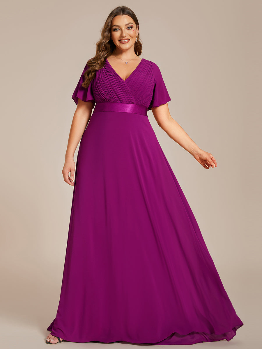 Color=Fuchsia | Glamorous Double V-Neck Ruffles Padded Plus Size Evening Dresses-Fuchsia 2