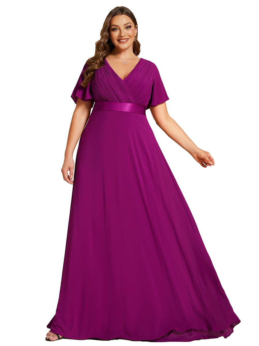 Color=Fuchsia | Glamorous Double V-Neck Ruffles Padded Plus Size Evening Dresses-Fuchsia 5