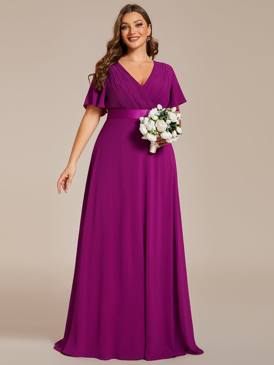 Color=Fuchsia | Glamorous Double V-Neck Ruffles Padded Plus Size Evening Dresses-Fuchsia 1