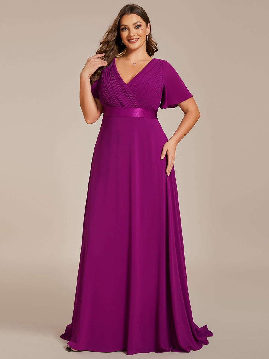 Color=Fuchsia | Glamorous Double V-Neck Ruffles Padded Plus Size Evening Dresses-Fuchsia 4