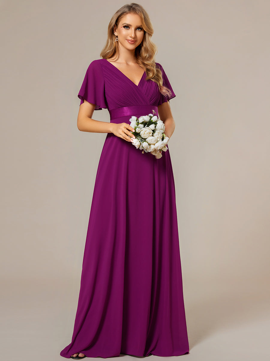 Color=Fuchsia | Glamorous Pretty Double V-Neck Ruffles Padded Wholesale Evening Dresses-Fuchsia 1