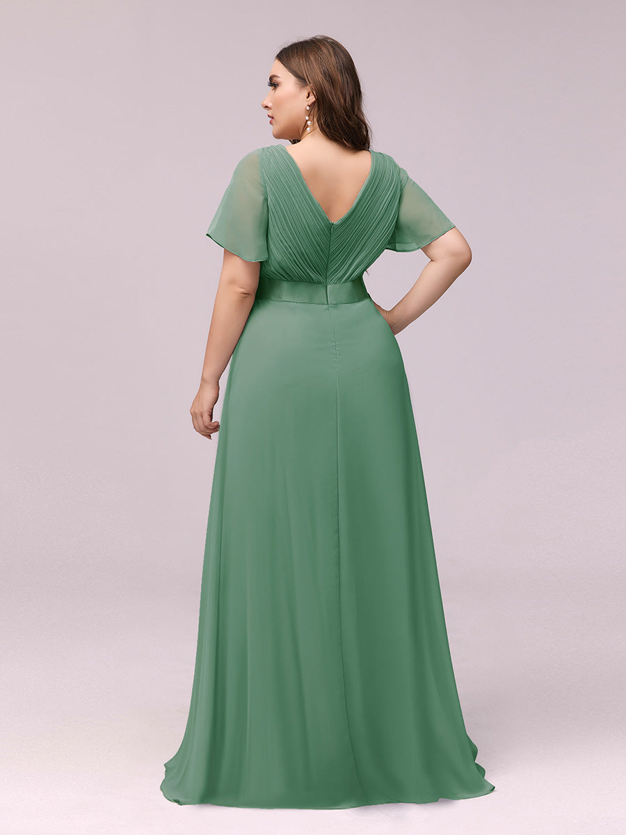 Double V-Neck Ruffles Padded Plus Size Wholesale Evening Dresses #Color_Green Bean
