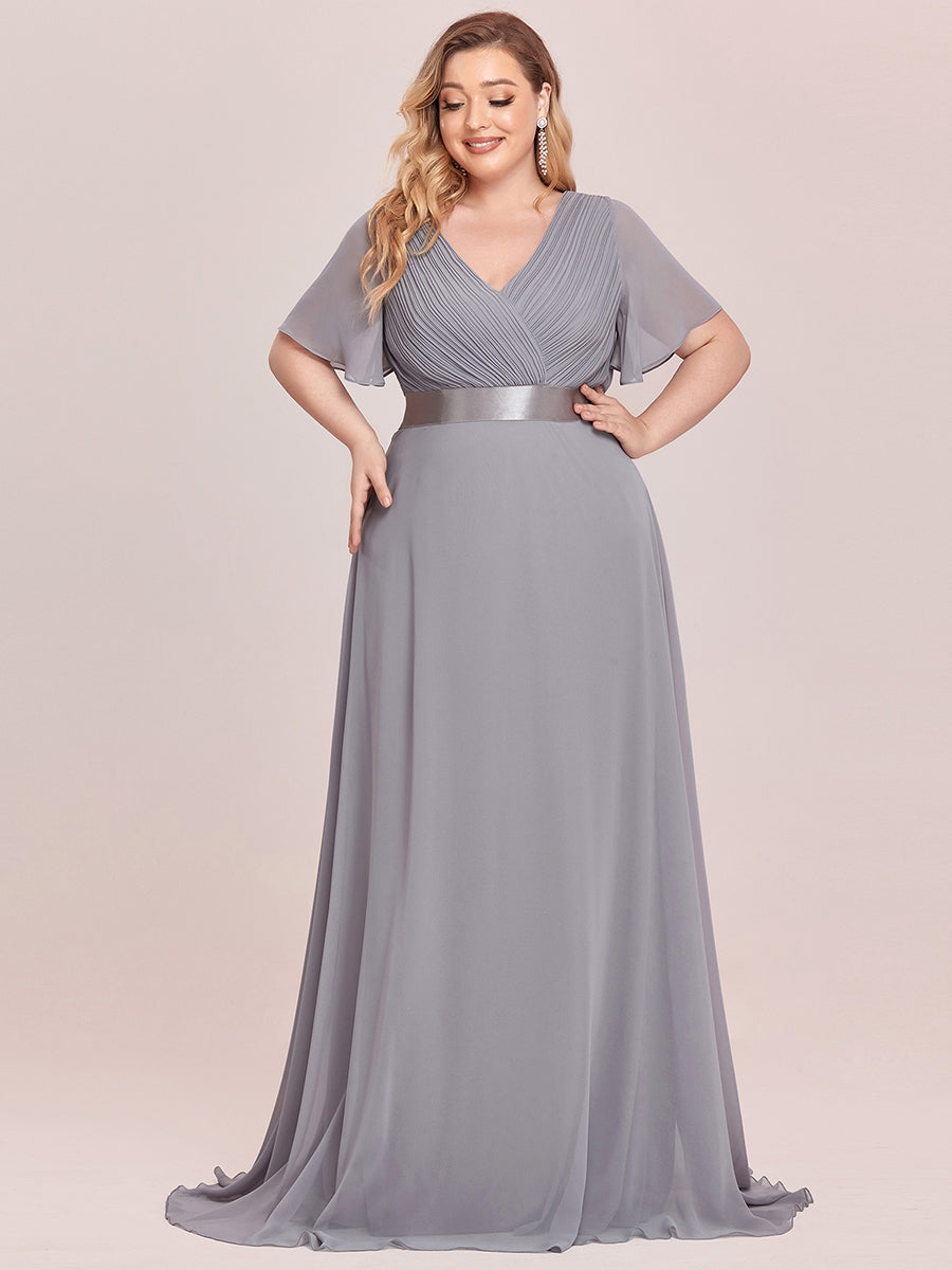 Double V-Neck Ruffles Padded Plus Size Wholesale Evening Dresses #Color_Grey 