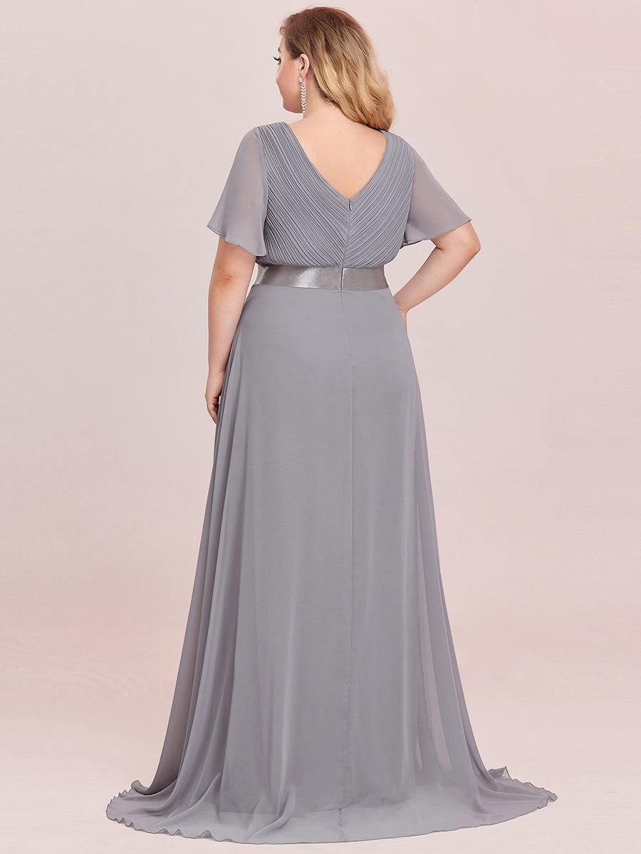 Double V-Neck Ruffles Padded Plus Size Wholesale Evening Dresses #Color_Grey