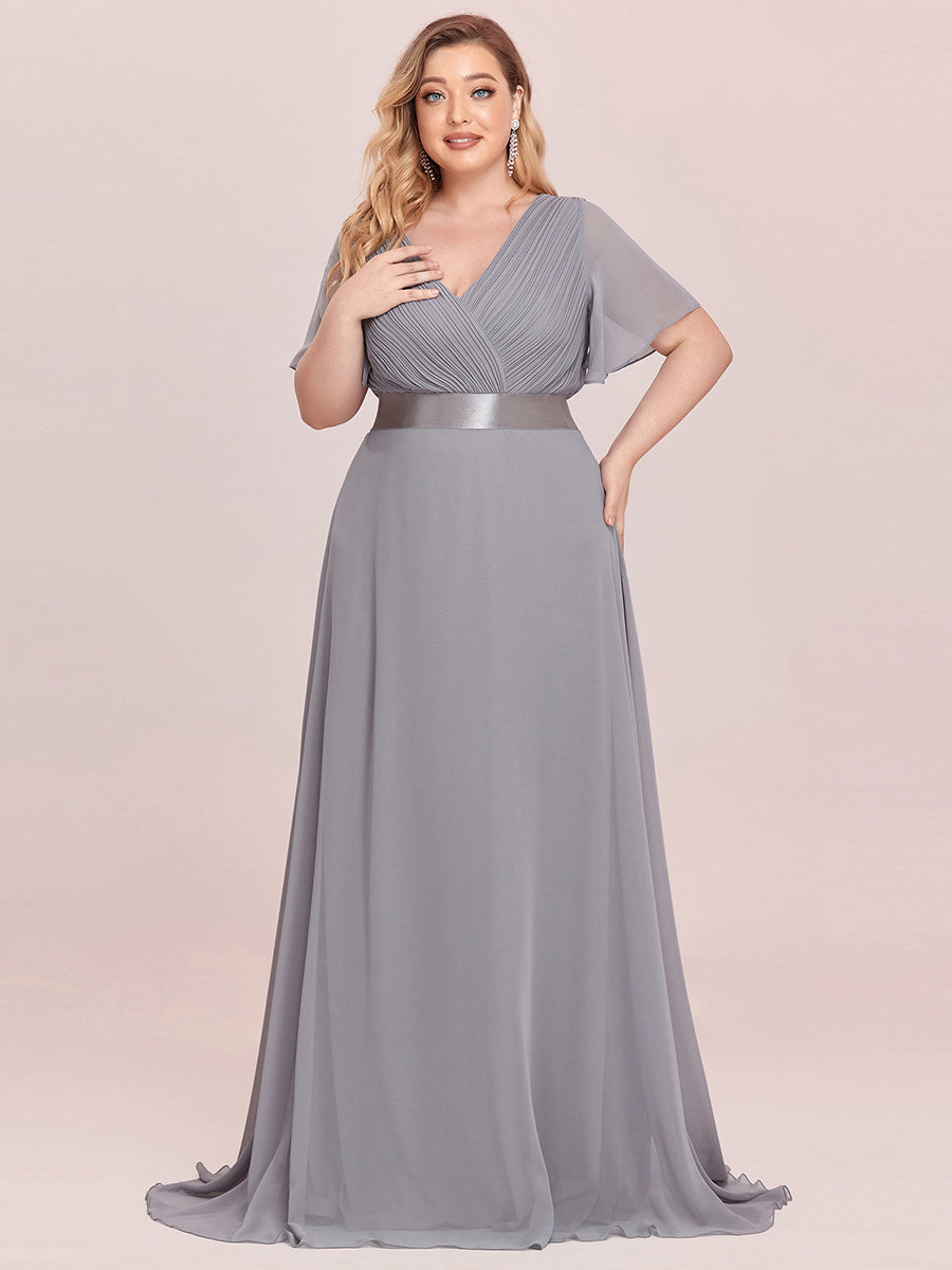 Double V-Neck Ruffles Padded Plus Size Wholesale Evening Dresses #Color_Grey