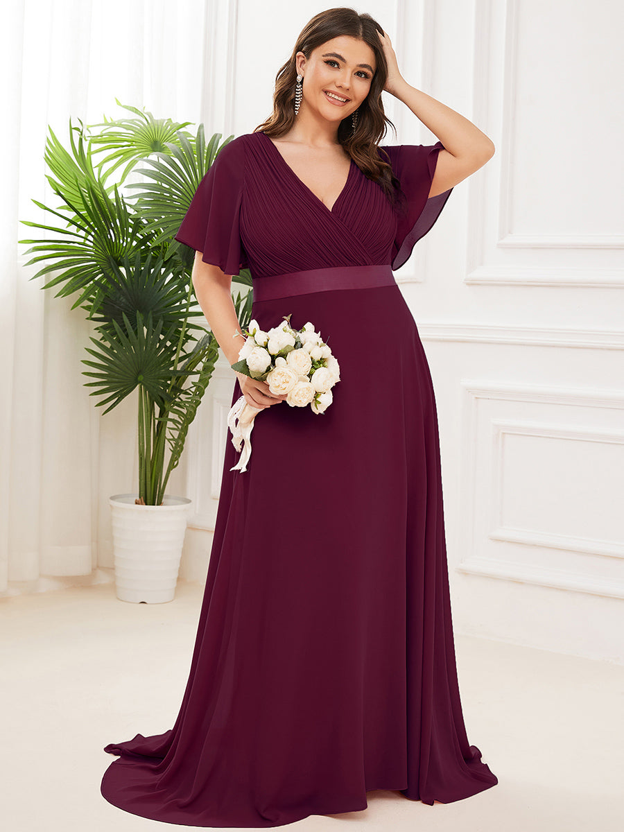 Glamorous Double V-Neck Ruffles Padded Plus Size Evening Dresses #Color_Mulberry