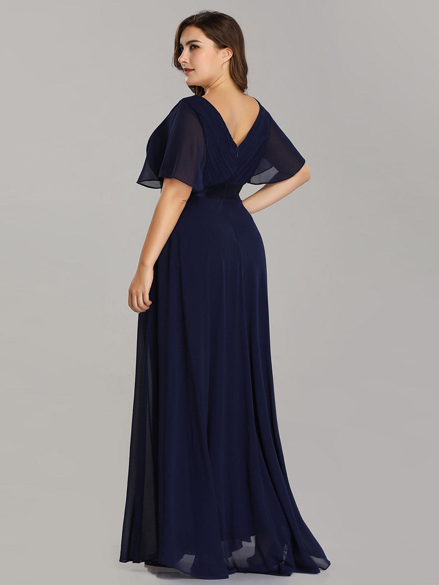 Double V-Neck Ruffles Padded Plus Size Wholesale Evening Dresses #Color_Navy Blue