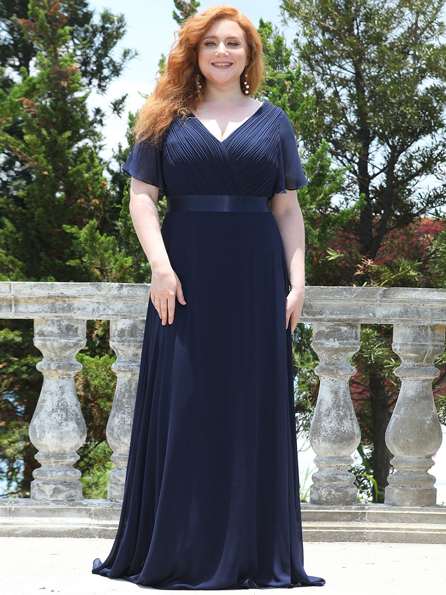 Double V-Neck Ruffles Padded Plus Size Wholesale Evening Dresses #Color_Navy Blue