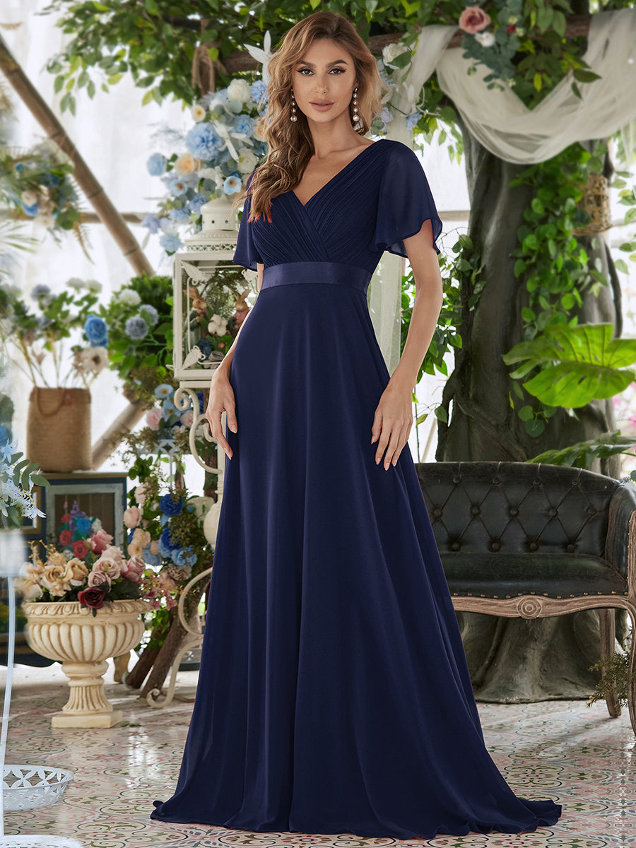 Glamorous Double V-Neck Ruffles Padded Wholesale Chiffon Evening Dresses #Color_Navy Blue