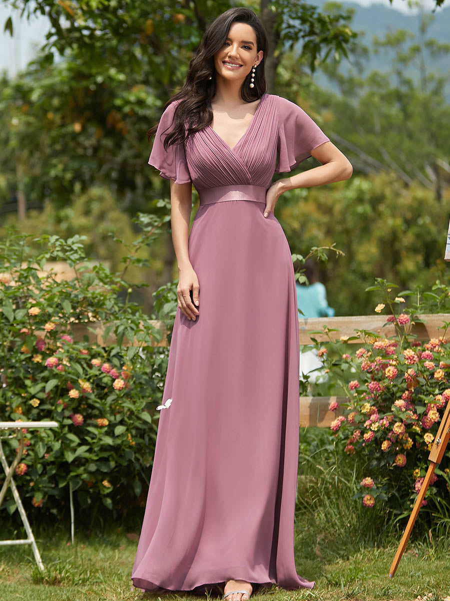 Glamorous Double V-Neck Ruffles Padded Wholesale Chiffon Evening Dresses #Color_Orchid