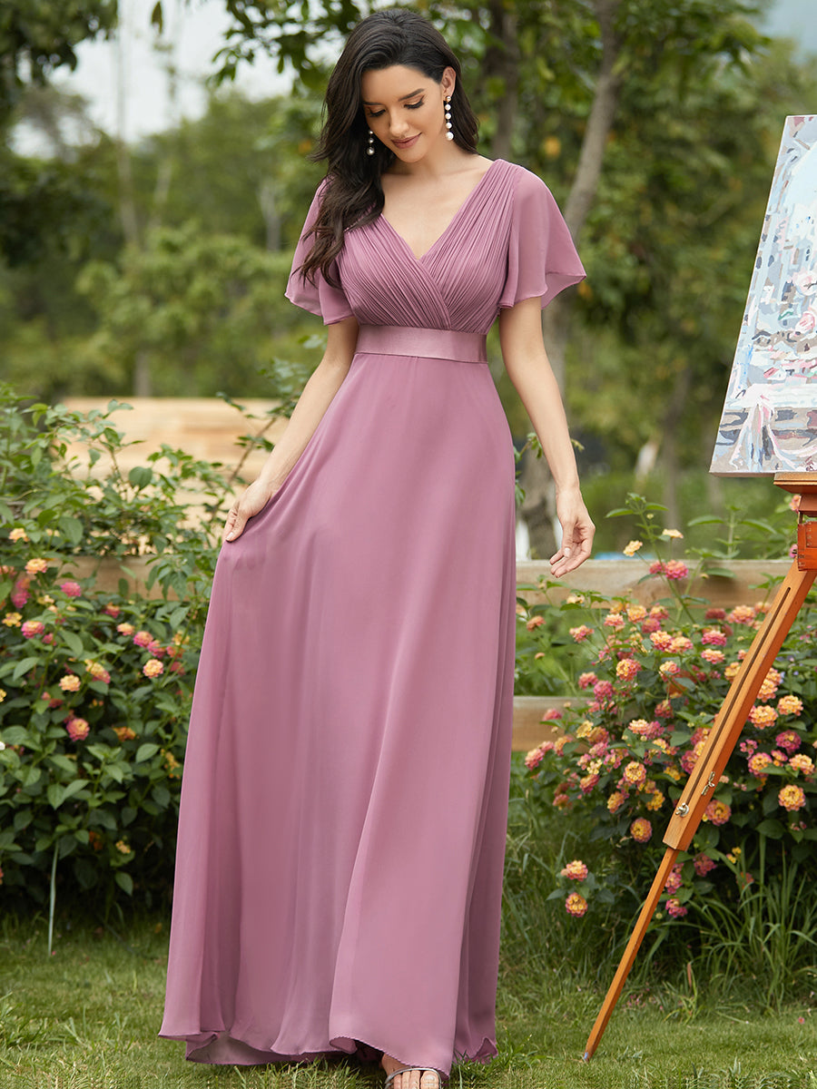 Glamorous Double V-Neck Ruffles Padded Wholesale Chiffon Evening Dresses #Color_Orchid