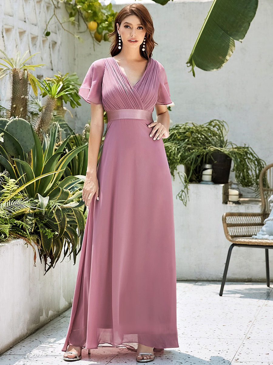 Glamorous Double V-Neck Ruffles Padded Wholesale Chiffon Evening Dresses #Color_Orchid