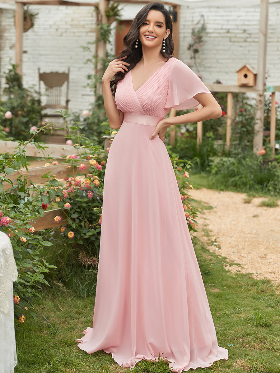 Glamorous Double V-Neck Ruffles Padded Wholesale Chiffon Evening Dresses #Color_Pink