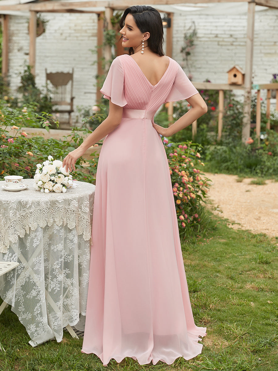 Glamorous Double V-Neck Ruffles Padded Wholesale Chiffon Evening Dresses #Color_Pink
