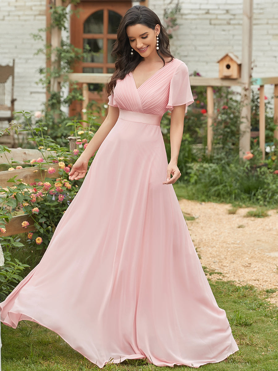 Glamorous Double V-Neck Ruffles Padded Wholesale Chiffon Evening Dresses #Color_Pink