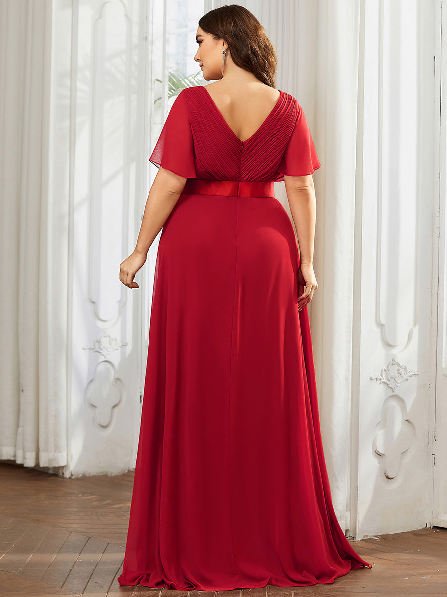 Color=Red | Glamorous Double V-Neck Ruffles Padded Plus Size Evening Dresses-Red 2