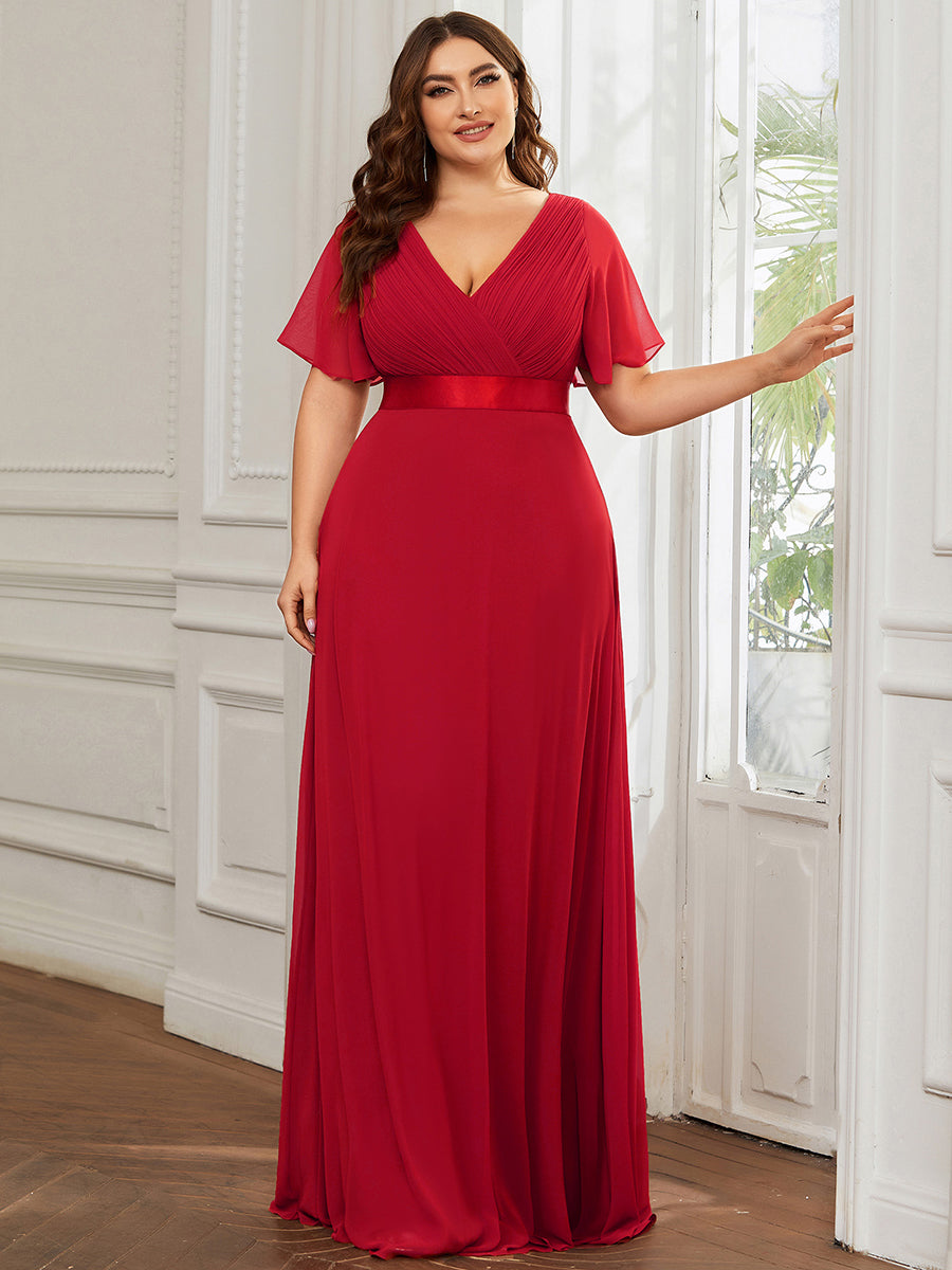 Color=Red | Glamorous Double V-Neck Ruffles Padded Plus Size Evening Dresses-Red 3