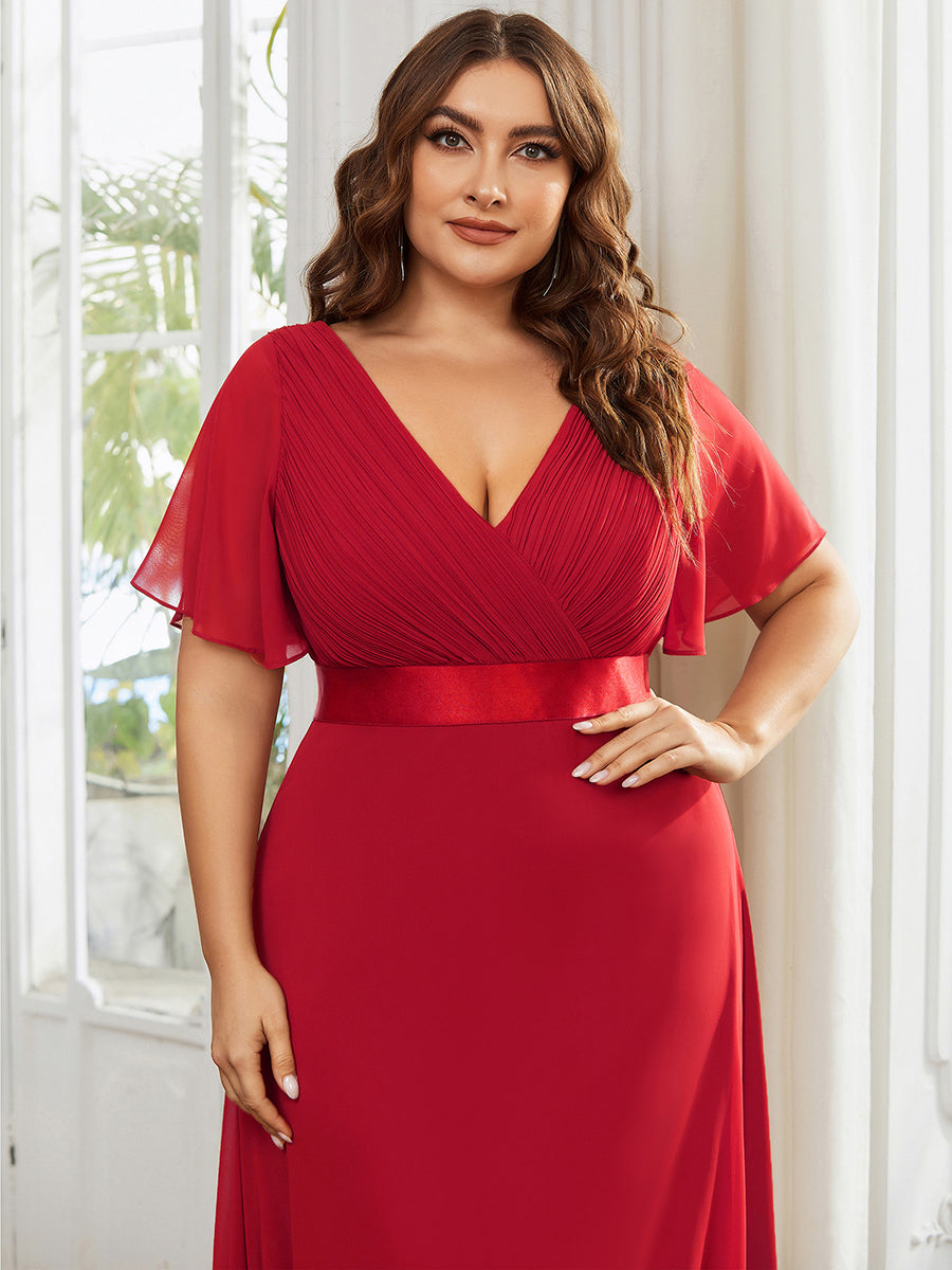 Color=Red | Glamorous Double V-Neck Ruffles Padded Plus Size Evening Dresses-Red 4