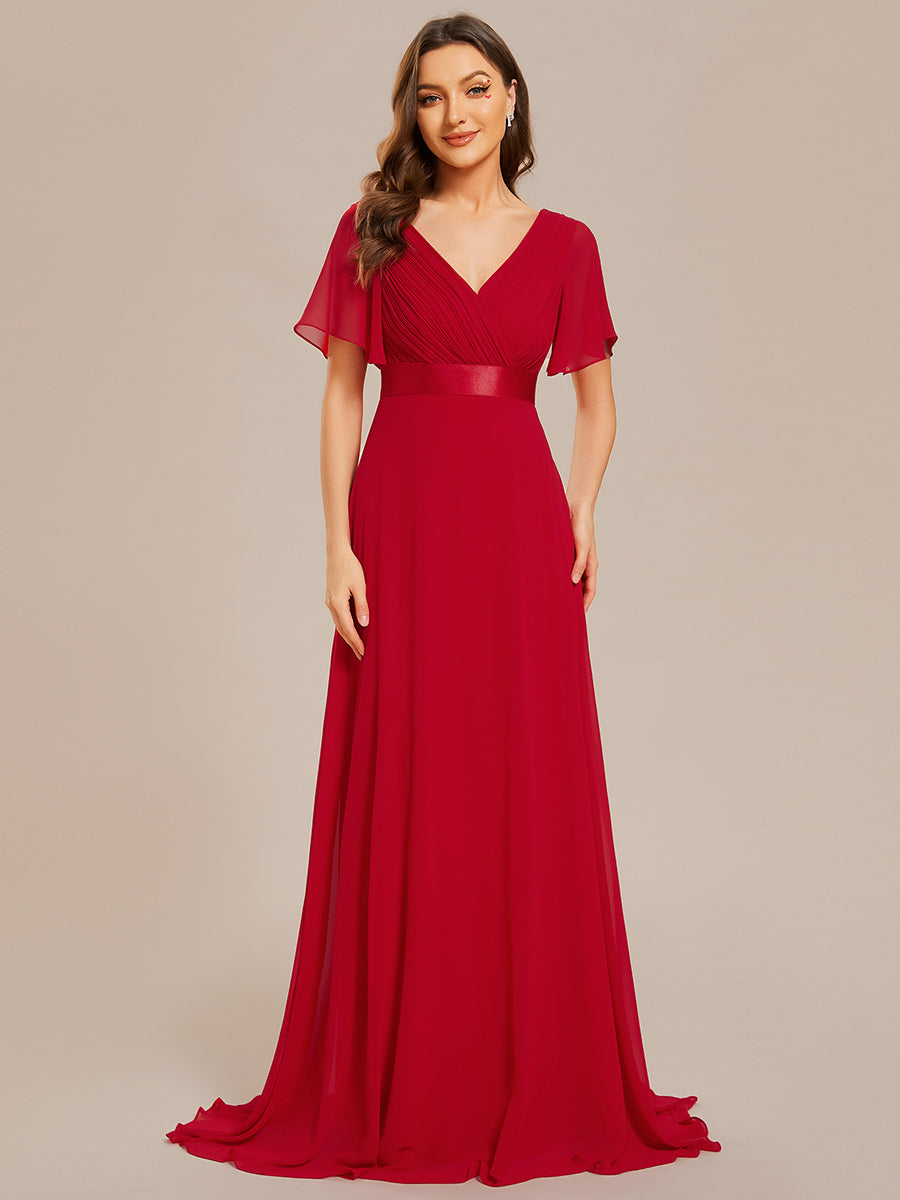 Color=Vermilion | Glamorous Pretty Double V-Neck Ruffles Padded Wholesale Evening Dresses-Vermilion 4